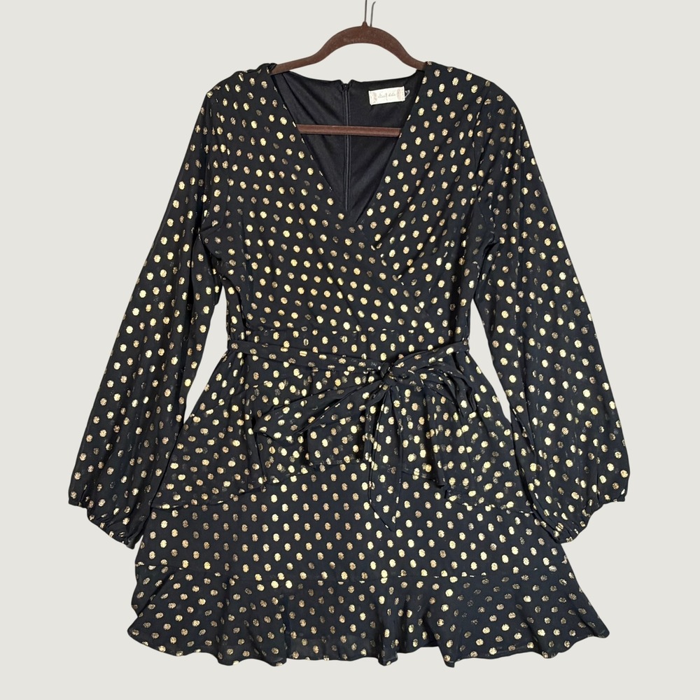 Altar'd State Black Gold Metallic Polka Dot Ruffle Mini Dress L DDSW2096-LAC